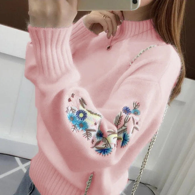 đ„ Pull en maille Ă©paisse effet cachemire avec broderie florale