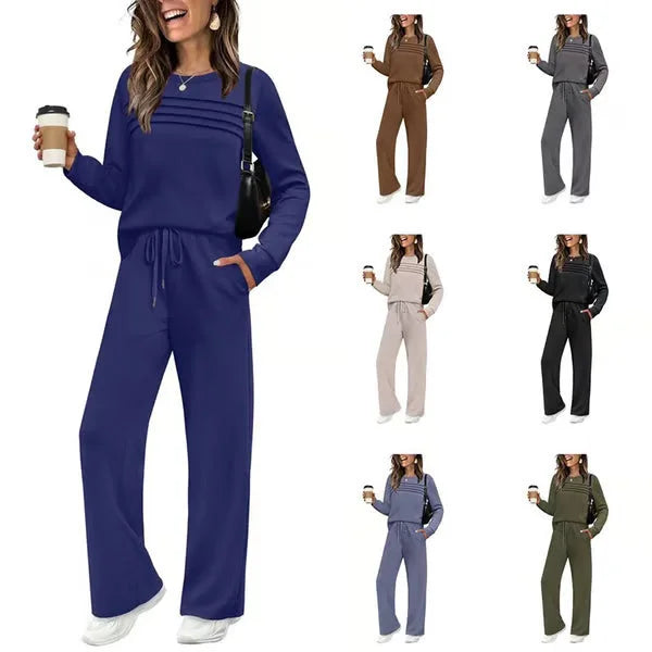 Ensemble de détente pour femme : haut à col rond et pantalon à cordon (court ou long)