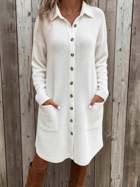 Robe chemise mi-longue en maille pour femme avec poches