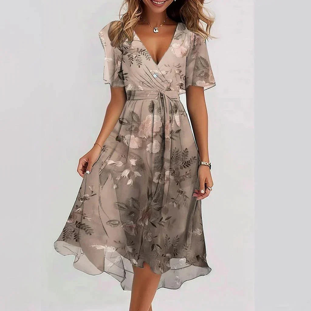 Robe midi à manches courtes et col en V à imprimé floral pour femme