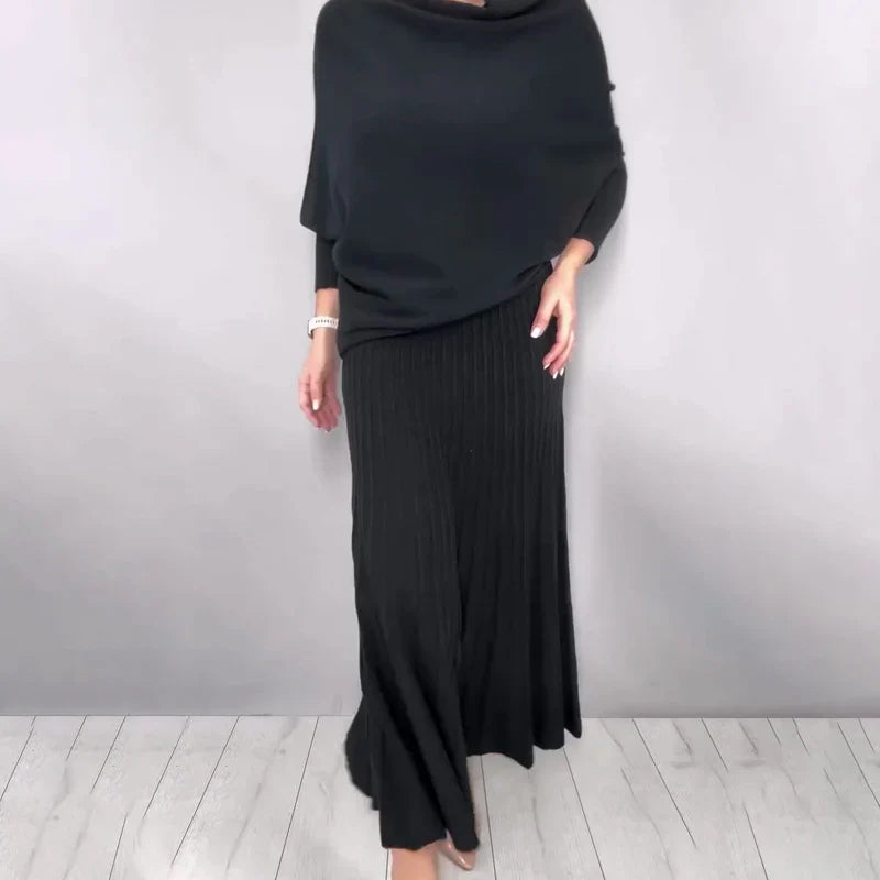 Ensemble composé d'un haut en tricot à col roulé et d'une jupe longue plissée évasée pour femme