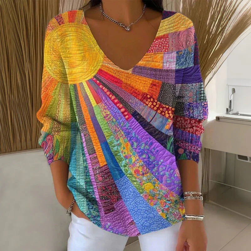 Chemisier coloré à col en V et motif patchwork pour femme
