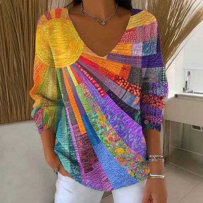 Chemisier coloré à col en V et motif patchwork pour femme