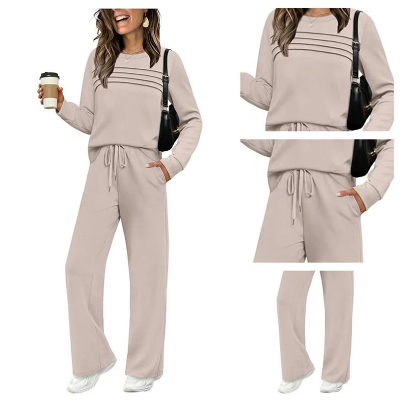 Ensemble de détente pour femme : haut à col rond et pantalon à cordon (court ou long)