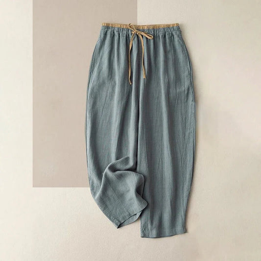 Pantalon sarouel en coton et lin à cordon de serrage avec poches pour femme