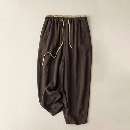 Pantalon sarouel en coton et lin à cordon de serrage avec poches pour femme