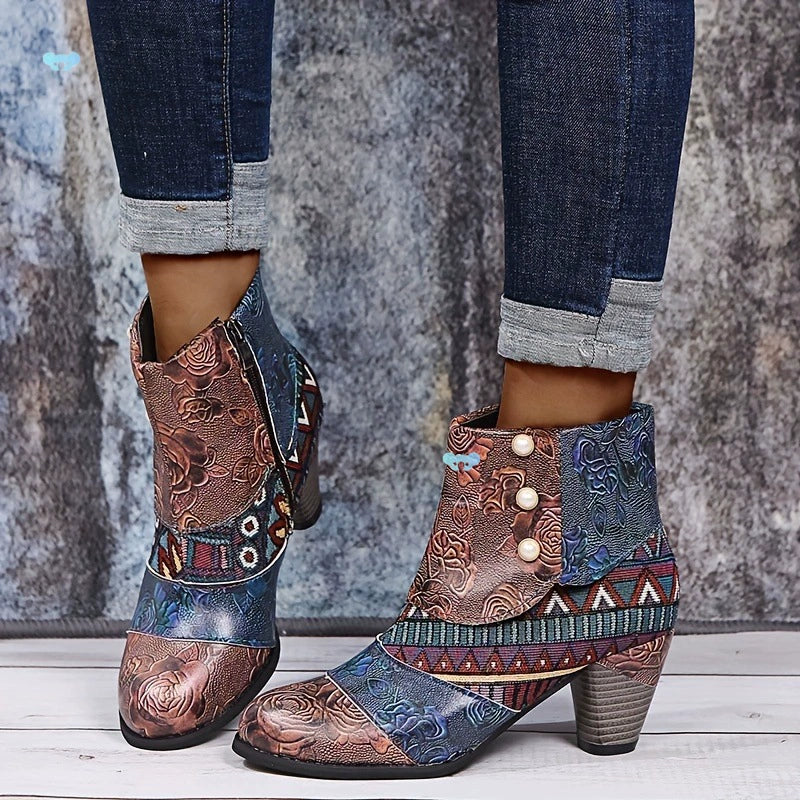 Bottines à fermeture éclair latérale et imprimé patchwork pour femmes