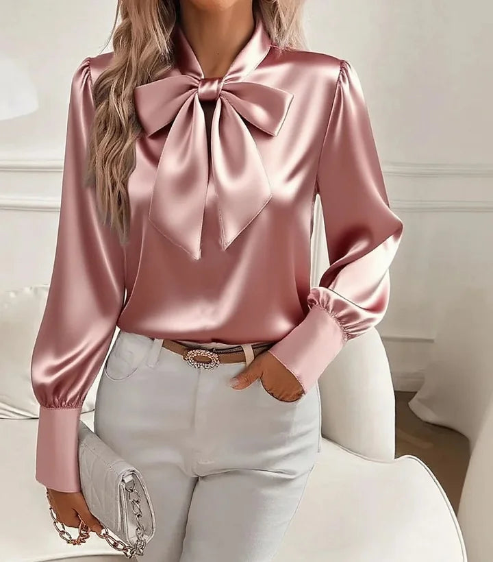Chemisier en satin pour femme, col en V et nœud papillon