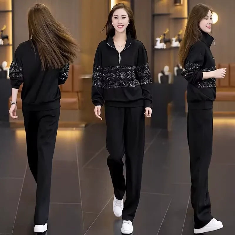 Ensemble de survêtement d'intérieur à demi-zip pour femme, à motifs
