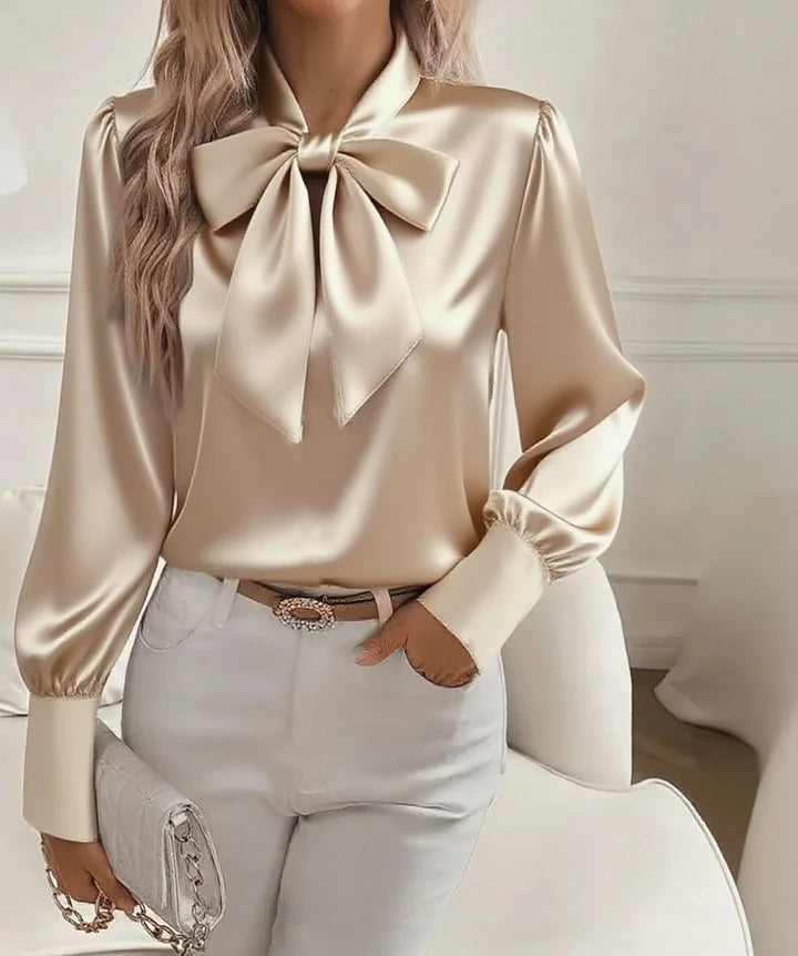 Chemisier en satin pour femme, col en V et nœud papillon