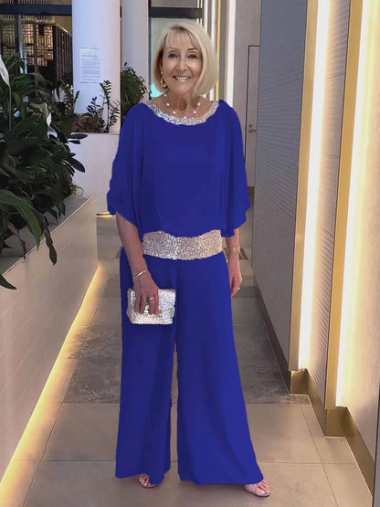 Ensemble deux pièces tunique à paillettes scintillantes et pantalon large pour femme