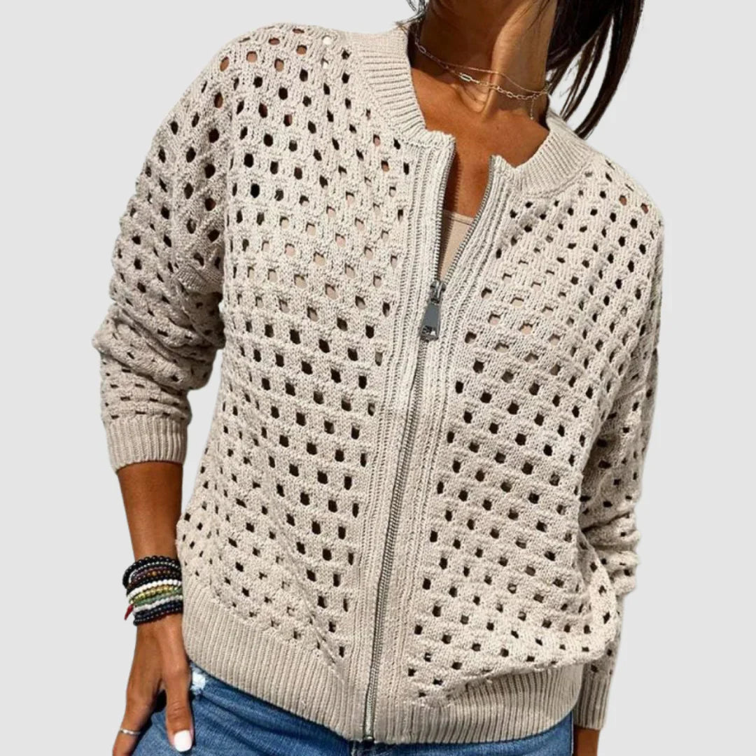 Gilet zippé en maille ajourée texturée pour femme