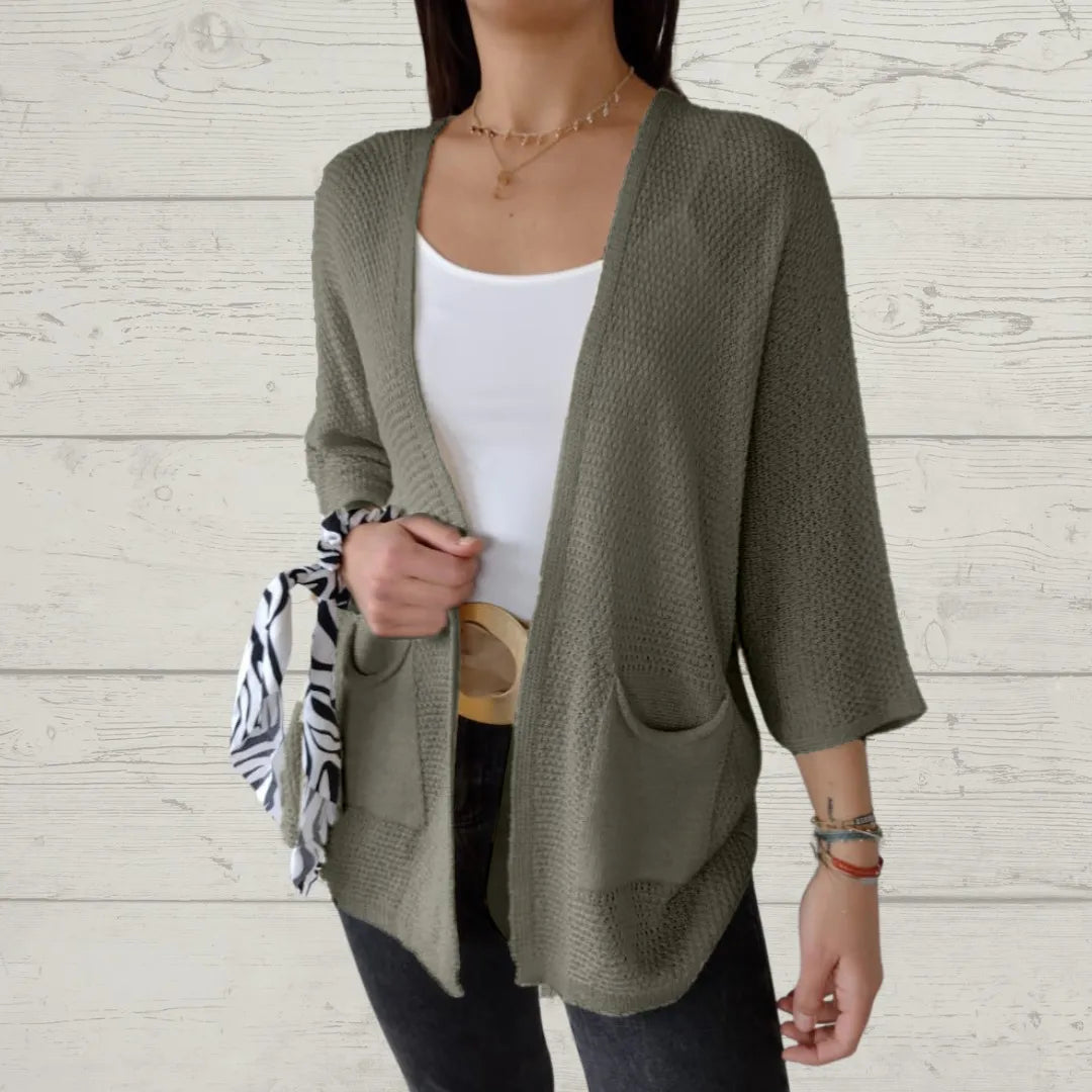 Cardigan à manches 3/4, ouverture sur le devant et poches pour femmes