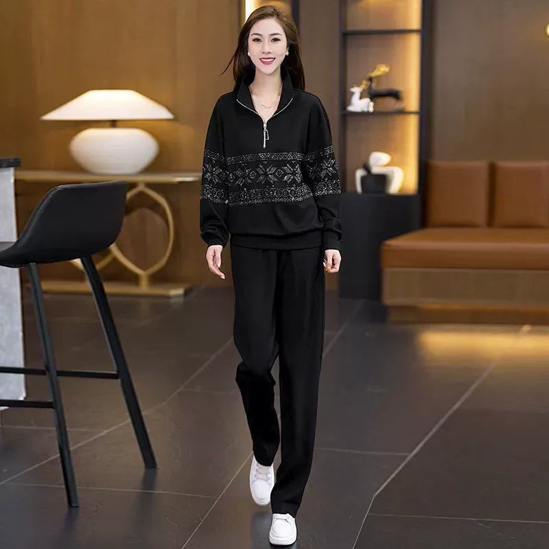 Ensemble de survêtement d'intérieur à demi-zip pour femme, à motifs
