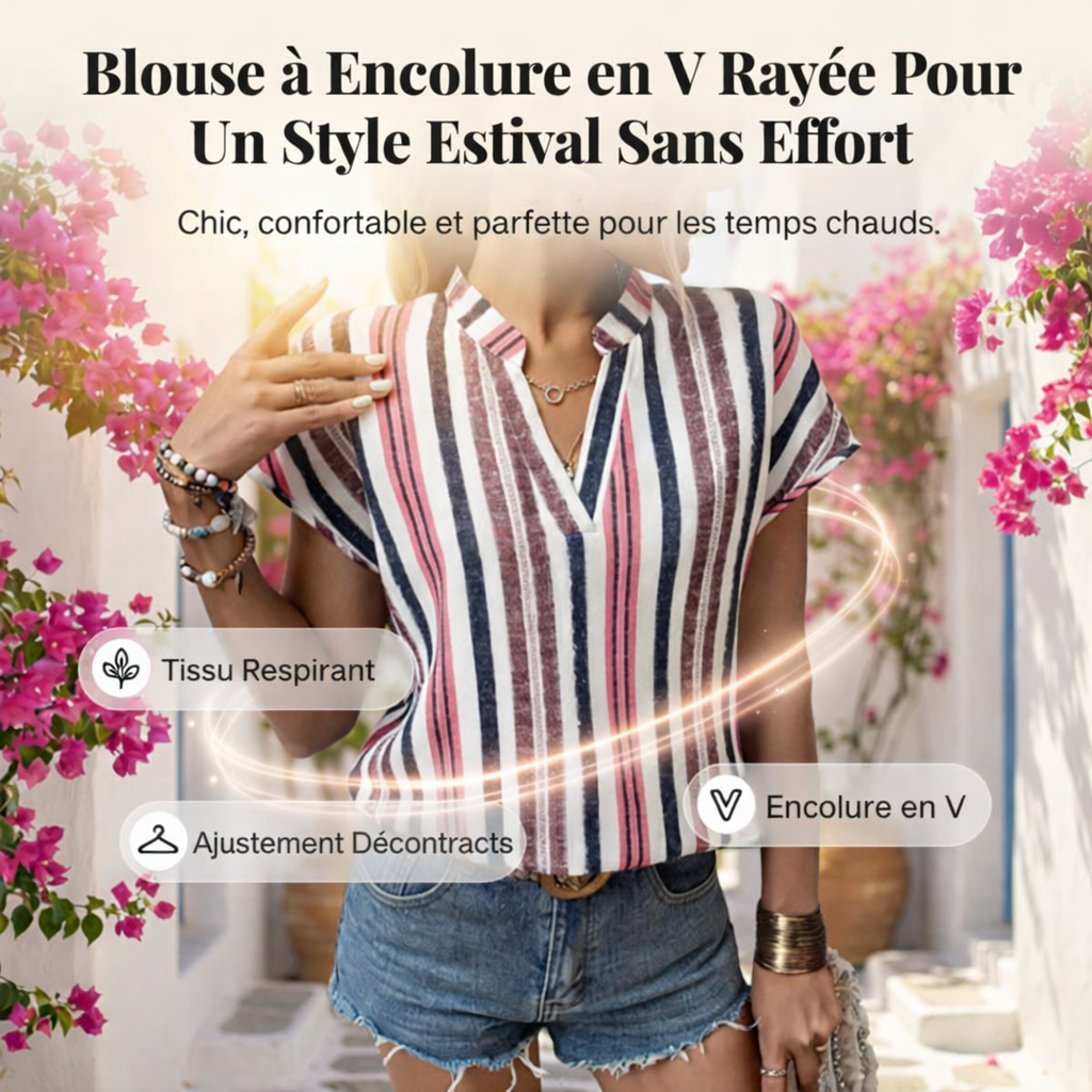 Tunique d'été rayée à col en V et manches chauve-souris pour femme