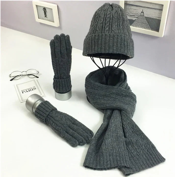 Ensemble d'hiver classique en laine mélangée : bonnet, écharpe et gants