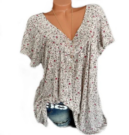 Tunique d'été à col en V et imprimé floral pour femme