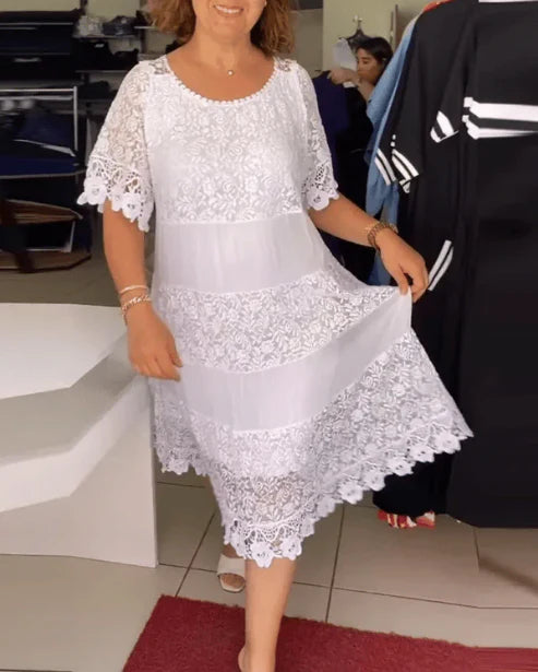Robe midi droite en patchwork de dentelle unie pour femme