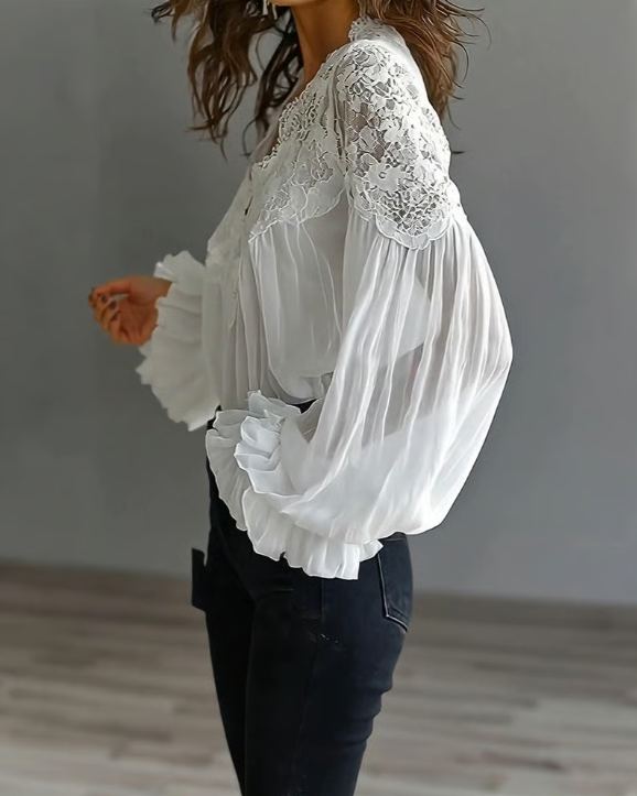 Chemisier à manches lanternes et col festonné en dentelle florale pour femme