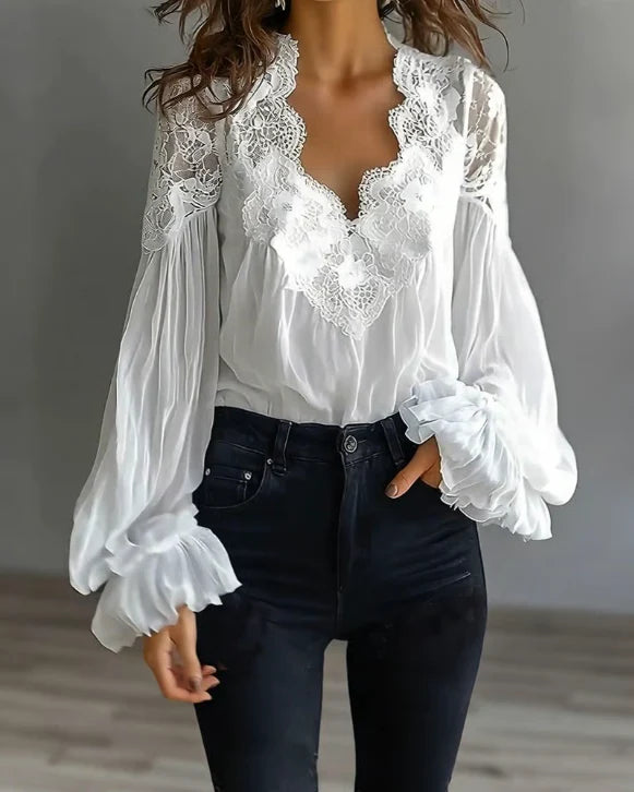 Chemisier à manches lanternes et col festonné en dentelle florale pour femme