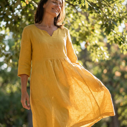 Robe midi décontractée à col en V et poches pour femme