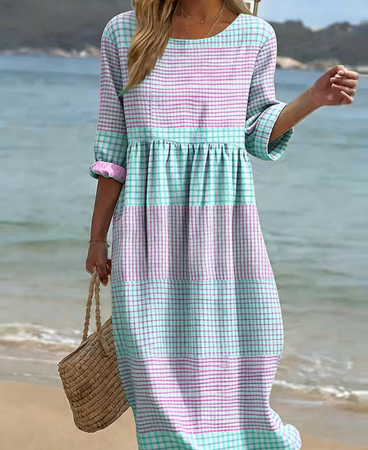 Robe midi décontractée en coton et lin à carreaux pour femme