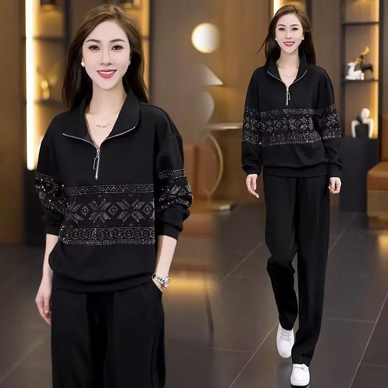 Ensemble de survêtement d'intérieur à demi-zip pour femme, à motifs