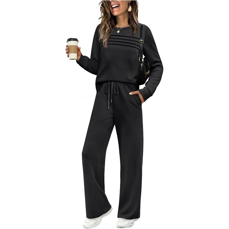 Ensemble de détente pour femme : haut à col rond et pantalon à cordon (court ou long)