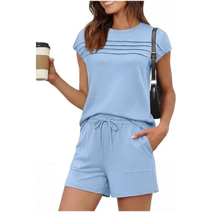 Ensemble de détente pour femme : haut à col rond et pantalon à cordon (court ou long)