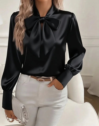 Chemisier en satin pour femme, col en V et nœud papillon