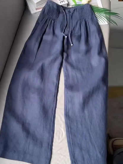 Pantalon large plissé à cordon de serrage pour femme, en coton et lin