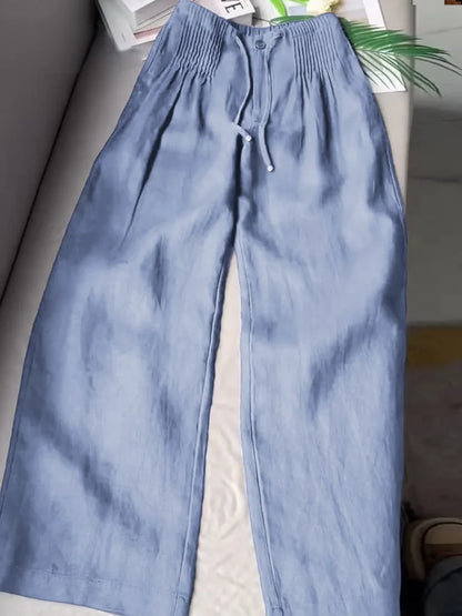 Pantalon large plissé à cordon de serrage pour femme, en coton et lin