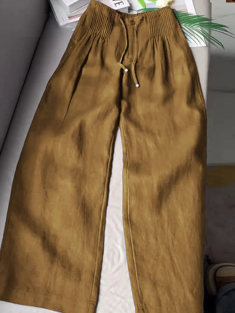 Pantalon large plissé à cordon de serrage pour femme, en coton et lin