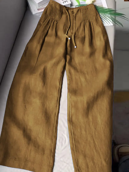 Pantalon large plissé à cordon de serrage pour femme, en coton et lin