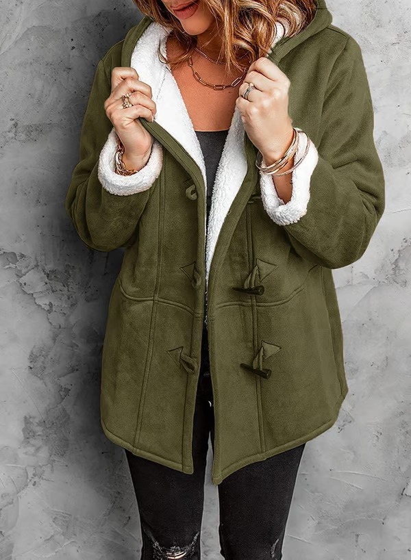 Manteau à capuche en velours pour femme avec boutons en corne