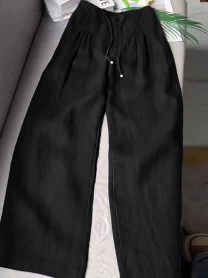 Pantalon large plissé à cordon de serrage pour femme, en coton et lin