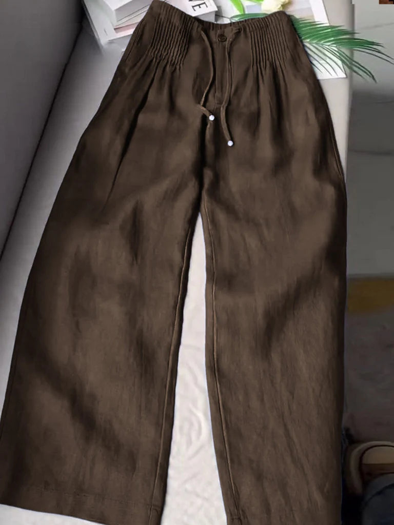 Pantalon large plissé à cordon de serrage pour femme, en coton et lin