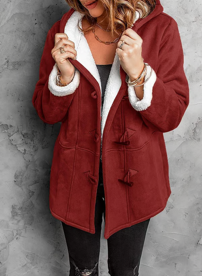 Manteau à capuche en velours pour femme avec boutons en corne