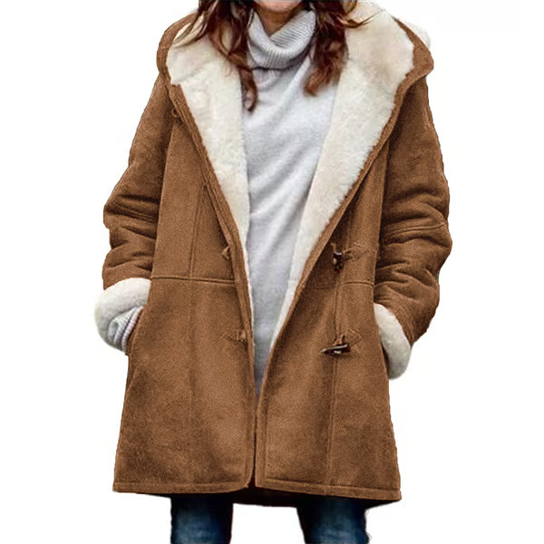 Manteau à capuche en velours pour femme avec boutons en corne