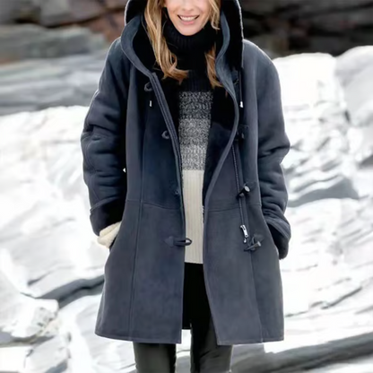 Manteau à capuche en velours pour femme avec boutons en corne