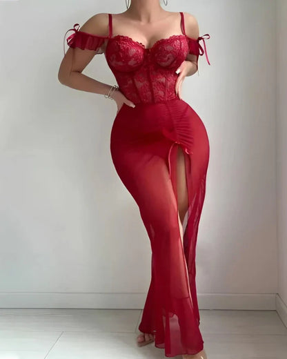 Nuisette longue en dentelle transparente à épaules dénudées pour femme