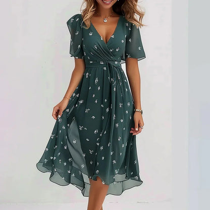 Robe midi à manches courtes et col en V à imprimé floral pour femme