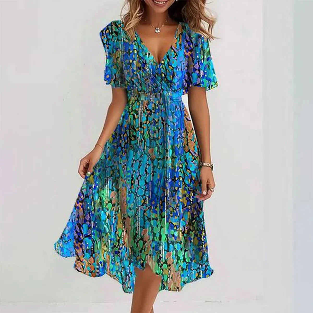 Robe midi à manches courtes et col en V à imprimé floral pour femme