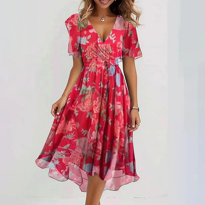 Robe midi à manches courtes et col en V à imprimé floral pour femme