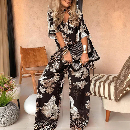 Ensemble haut imprimé à col en V et pantalon large pour femme