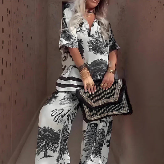 Ensemble haut imprimé à col en V et pantalon large pour femme