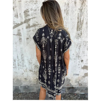 Robe courte imprimée à col en V et manches courtes avec poches pour femme