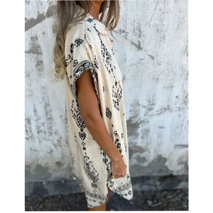 Robe courte imprimée à col en V et manches courtes avec poches pour femme