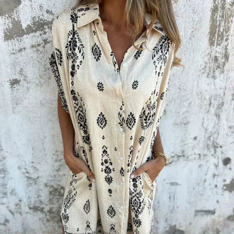 Robe courte imprimée à col en V et manches courtes avec poches pour femme